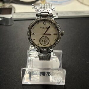 Anne Klein Mesh Bracelet Watch Womens Silver Crystal Bezel Dressy Timepiece